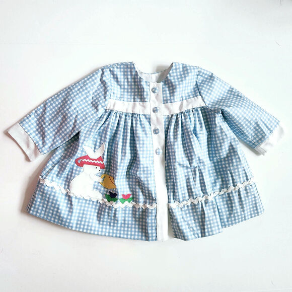 Vintage 1980s Baby Girl Easter Dress Blue Gingham Bunny & Tulip Teapot 18 Months - Picture 2 of 9